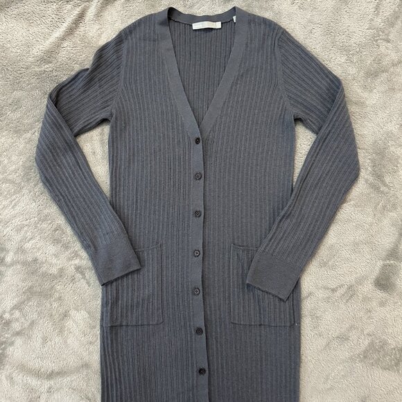 Vince 100% Cashmere Duster Cardigan Midi Dress Women's LARGE Gray Ribbed Knit - Picture 2 of 6